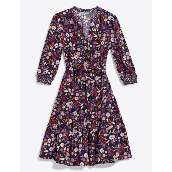 Draper James Women's Loretta Shirt Dress Navy Floral Flattering Tiered Skirt XS - Picture 2 of 9